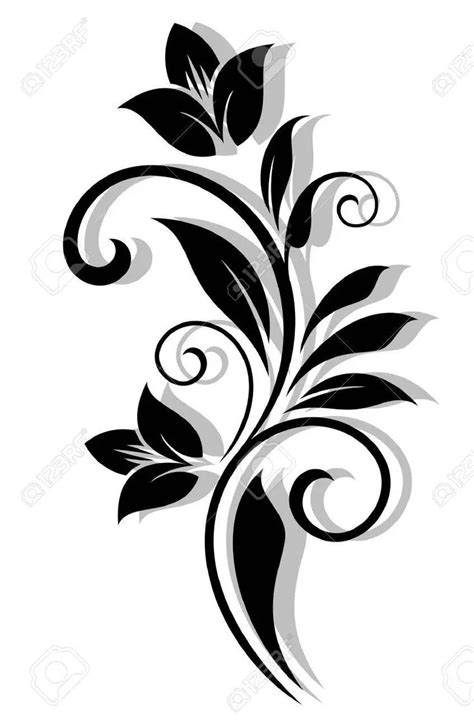 a black and white floral design with swirls on the side, in an abstract manner