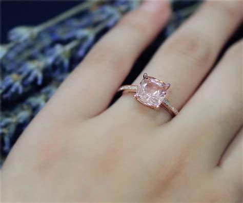 8mm Cushion Cut Natural VS Morganite Ring Solid 14K Rose Gold Ring Diamonds Ring Wedding Ring ...