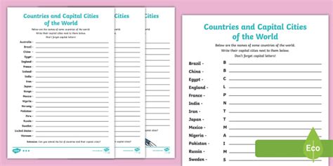 Capitals and Countries Around the World Worksheet - Twinkl