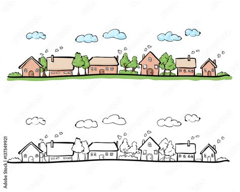 Cartoon hand drawing of small town. Vector with color on white background. Stock Vector | Adobe ...