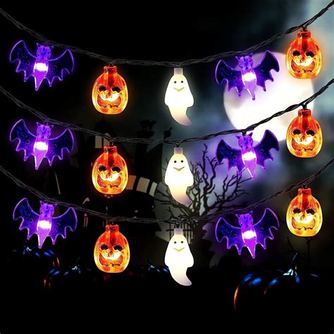 Halloween String Lights Battery Operated 20 Feet 30 LED 3D Pumpkin Bat Ghost Lights with Timer ...