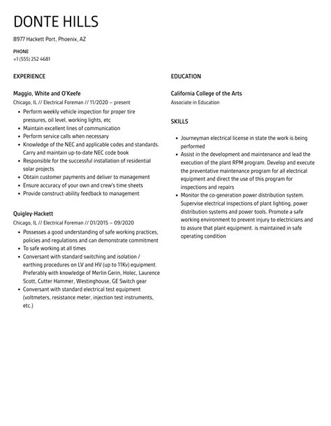 Electrical Foreman Resume Samples | Velvet Jobs