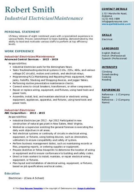 Industrial Electrician Resume Samples | QwikResume