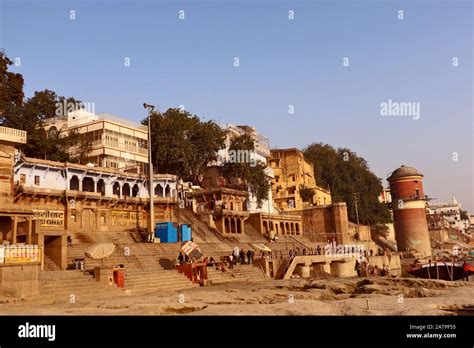 Boats are hangared at the bank of Ganga River near Assi Ghat at early ...