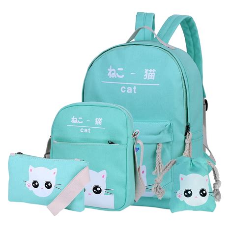 V.I.P. - School Backpacks for Teens, 4 Pieces Lightweight Canvas School Bookbag Set Cute Cat ...