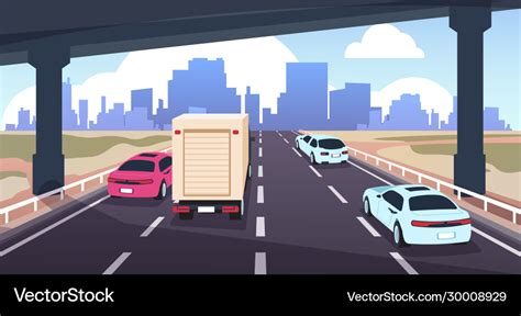 Cartoon highway traffic road to city with cars Vector Image