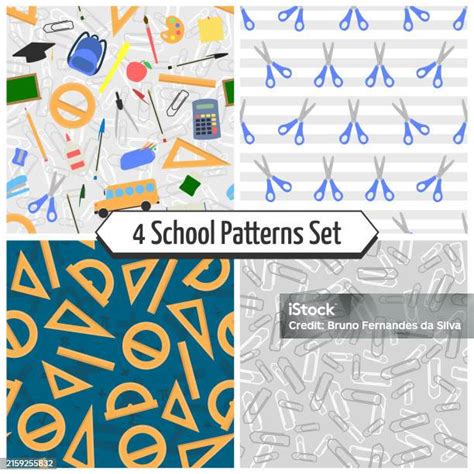 School Patters Set 4 Patterns Of Assorted School Items Scissors Ruler Types And Paper Clips ...