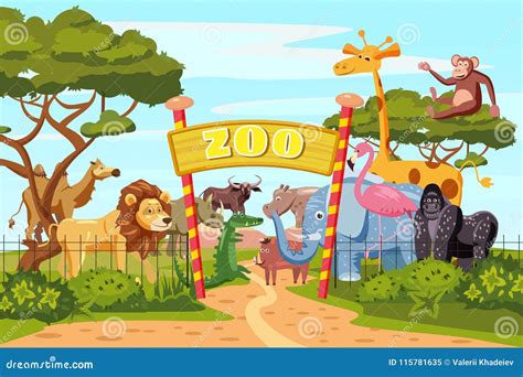 Zoo Entrance Gates Cartoon Poster with Elephant Giraffe Lion Safari Animals and Visitors on ...