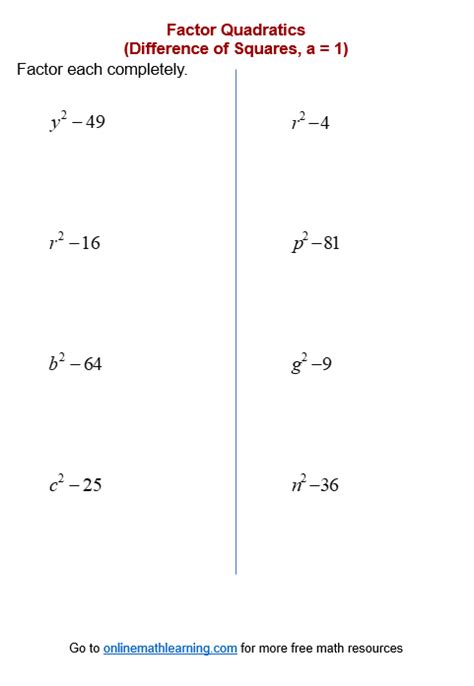 Difference of Squares Worksheets (printable, online, answers, examples)