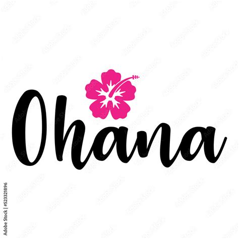 Banner con texto manuscrito con palabra hawaiana Ohana con silueta de flor de hibisco. Logo ...