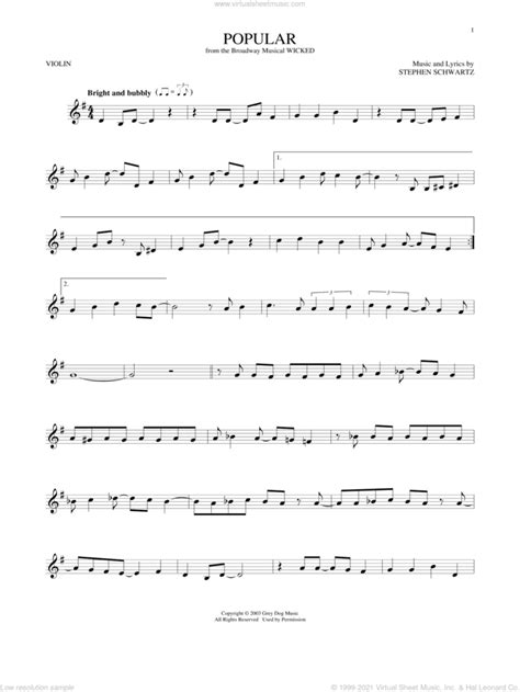 Popular (from Wicked) sheet music for violin solo (PDF)