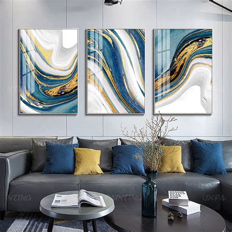 Set of 3 Wall Art Gold Painting Light Blue Wall Art Abstract Wall Art Wall Painting Set Abstract ...