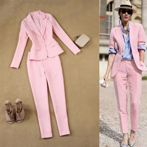 Brand Women 2 Pieces Sets Womens Business Suits Pink Pants Suit Formal OL Business Suit Long ...