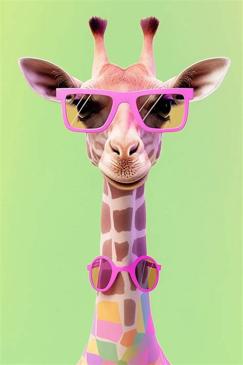 a giraffe with sunglasses on it's head and wearing pink glasses in front of a green background