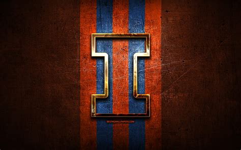 Illinois Fighting Illini, golden logo, NCAA, orange metal background ...