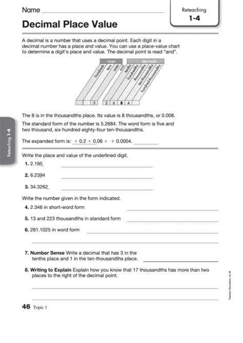 Decimal Place Value Worksheet printable pdf download