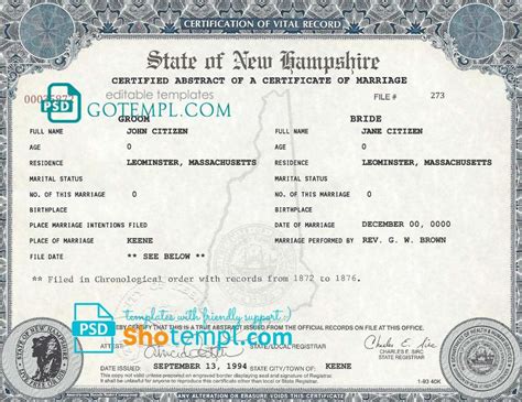 USA New Hampshire state marriage certificate template in PSD format ...