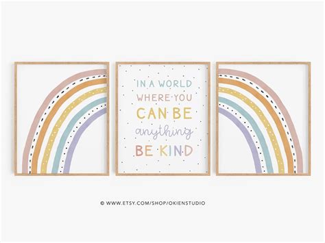 Rainbow Poster, in a World Where You Can Be Anything Be Kind, Rainbow Art Wall, Set of 3, Cute ...