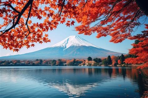 Premium AI Image | Vulcano Japan nature mountain with autumn leaves and mountain lake in spring ...