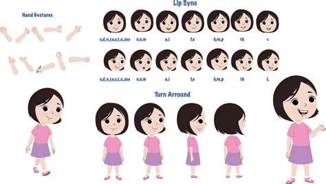 A girl character model sheet for animation. Kids character model sheet with lips sync, hand ...