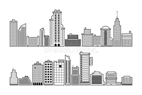 Set of Modern City Buildings. Black and White Contour Style Stock ...