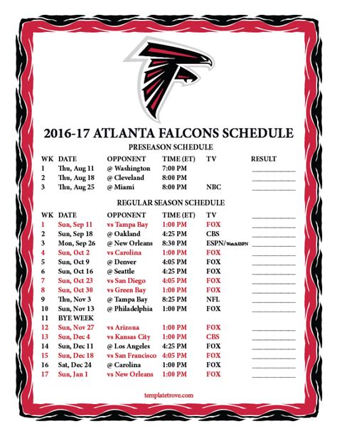 Atlanta Falcons Printable 2023 2024 Schedule