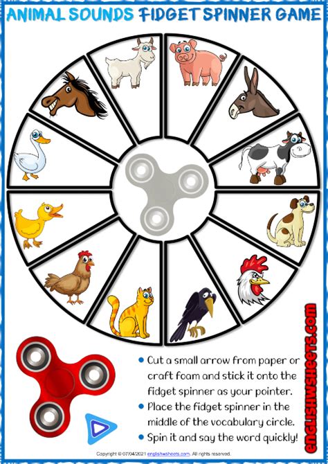 Animal Sounds ESL Printable Fidget Spinner Game For Kids