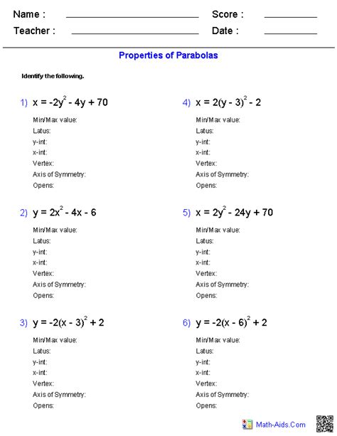 Algebra 2 Worksheets | Quadratic Functions and Inequalities Worksheets