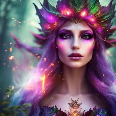 closeup beautiful sorceress face magical colorful fa...