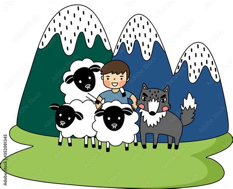 Vector of flat doodle character design illustration of the shepherd boy ...