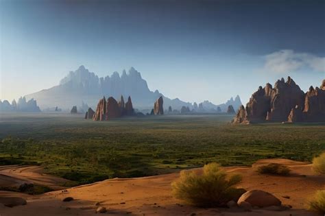 Premium AI Image | A desert landscape with a mountain in the background.