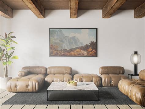 Poster Frame in rustic Living Room Mockup - Mockup World