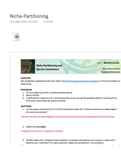 SOLUTION: Niche Partitioning and Species Coexistence Questions Worksheet - Studypool