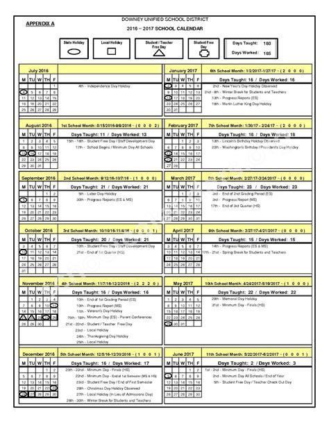 2016 - 2017 School Calendar | Downey Unified School District – Downey, CA