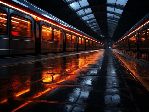 Premium AI Image | a subway train is on the tracks at night