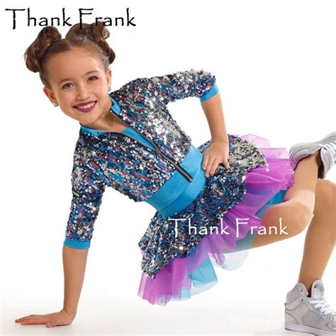 Girls Cool Jazz Dance Dress Kids Shiny Sequin Modern Dance Costume Long ...