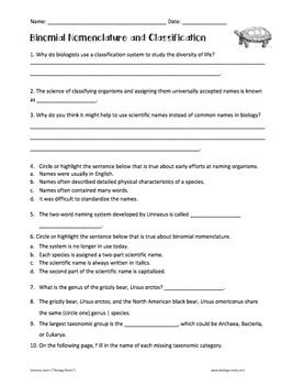 Binomial Nomenclature Naming Worksheet Answers