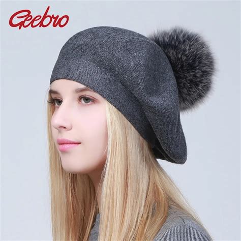 Geebro Women Berets Hat Winter Casual Knitted Wool Berets With Natural Raccoon Fur Pompon Ladies ...