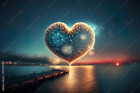 Heart-shaped fireworks in the night sky, in a romantic mood near the ...