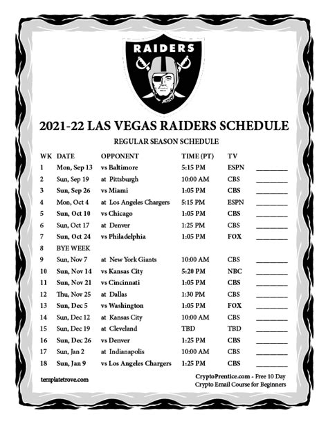 Printable 2021-2022 Las-Vegas Raiders Schedule