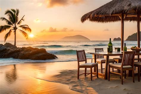 Premium Photo | A table with chairs and a straw umbrella on a beach