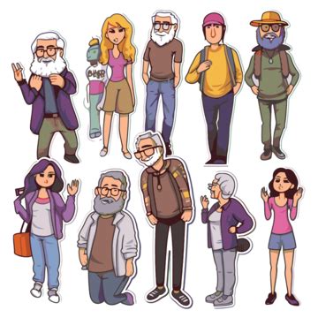 Cartoon Elderly People Stickers Vector Illustration, Adults, Sticker ...