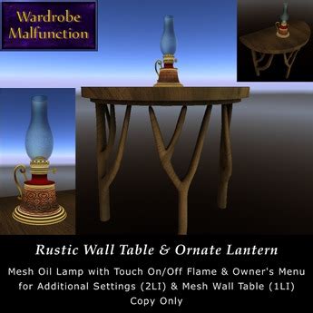 Second Life Marketplace - ~WM~ Hurricane Lamp & Rustic Wall Table