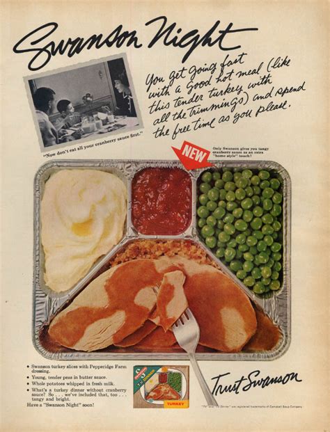 Swanson Night: turkey potato & peas Swanson TV Dinner ad 1965 L