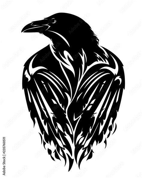 raven bird with closed wings - black and white vector outline Stock ...