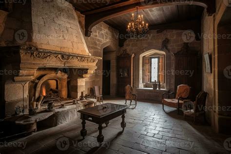 Cozy fireplace in a room in a medieval gothic castle. 23803355 Stock Photo at Vecteezy