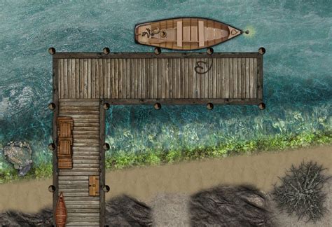 a drawing of a wooden dock with a boat on top