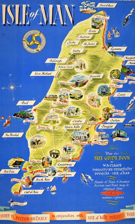 Original Vintage Train Travel Map Poster Isle Of Man British Railways ...