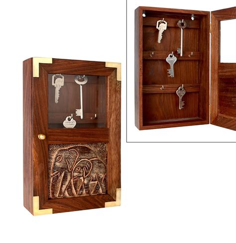 Handmade Decorative Wooden Wall Mounted Key Cabinet with Glass Panel Door & Elephant Carvings