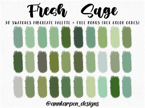 Fresh Sage Procreate Palette, 30 HEX Color Codes, Instant Digital ...